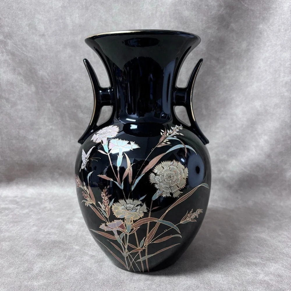 Vintage Made in Japan Black Mini Vase with Hand Painted Flowers *STUNNING*
